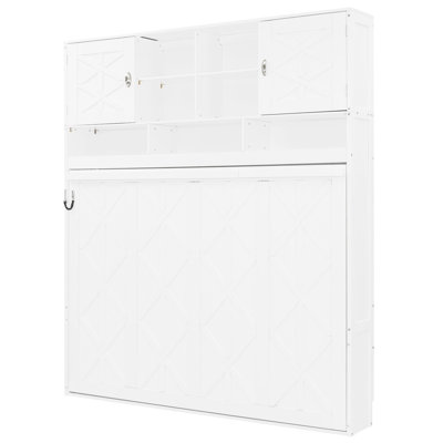 Queen Size White Wall Bed, Equipped With Large Storage And Diamond - Striped Decorative Panels Size, 6 8 Inch Mattress Compatibility