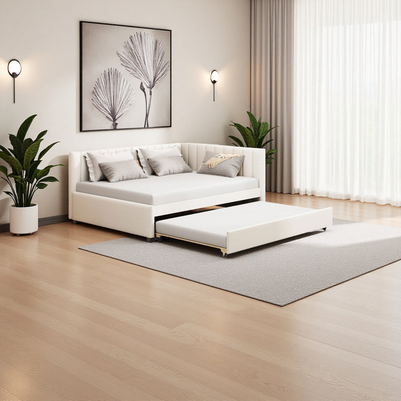 Upholstered Daybed With Trundle Sofa Bed Frame No Box Spring Needed,, Beige