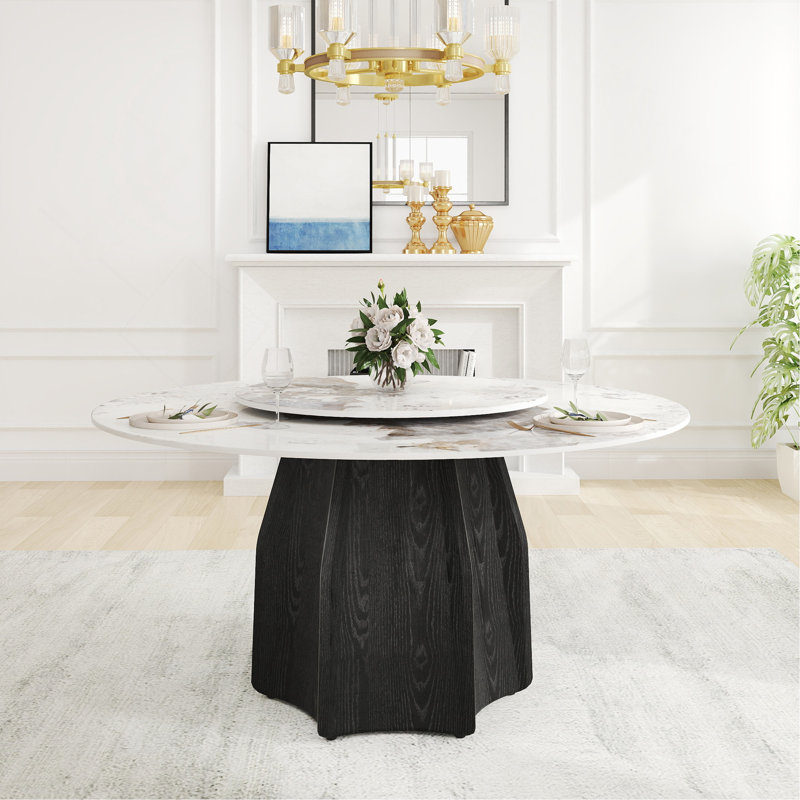 Table de salle à manger 59,05 po ronde en marbre avec base en bois massif texturé noir, marbre artificiel pour 6 à 8 personnes, table tournante en pierre artificielle blanche 31,5 po, blanc (table de salle à manger seulement)