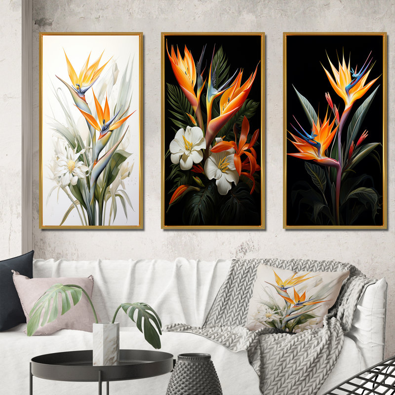 «Birds Of Paradise Paradise», 3 pièces, H 28 po x l 36 po, Encadrement doré