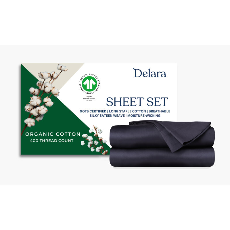 Delara GOTS Certified 100% Organic Cotton Sateen Sheet Set, 400TC Long Staple, Soft & Breathable with Deep Pocket, Dark Gray
