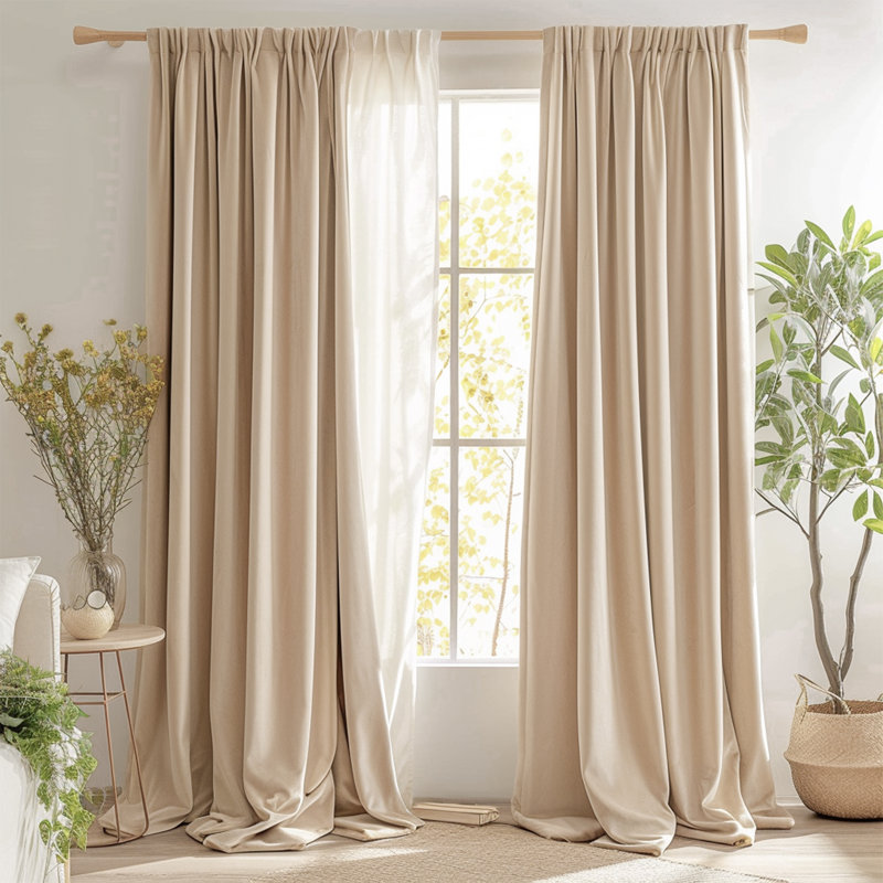 Ensemble de 1 rideau en velours uni pour le salon, Beige, L 52 po x L 95 po