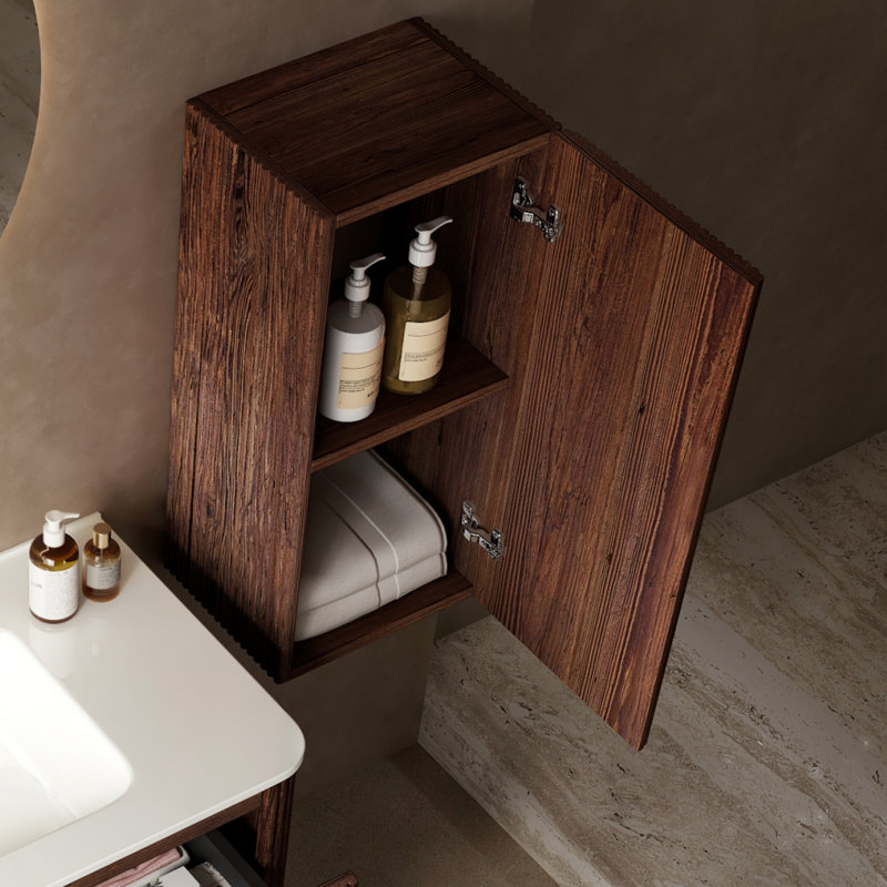 Meuble-lavabo mural 14 po à rayures flottantes avec porte et tablette, Noyer