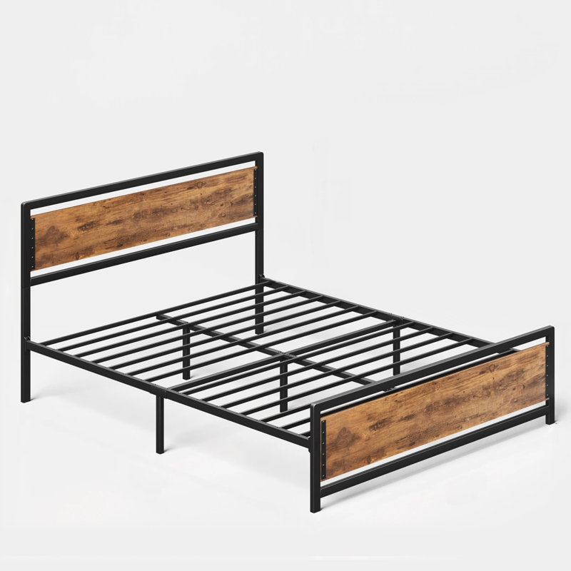 Metal Frame Platform Bed with Wood Headboard and Footboard, Brown