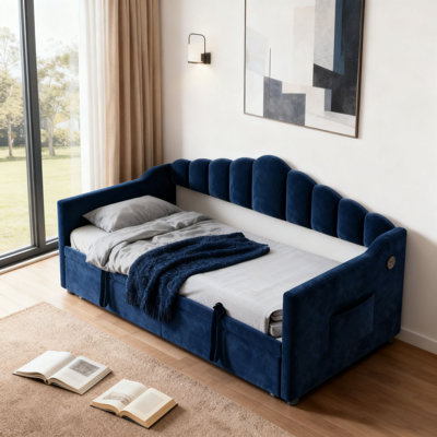 Upholstered Twin Size Daybed with Adjustable Height Pop Up Trundle Twin Bed and USB & Type-C Charging Port, Day Bed Frame with 2 Side Pockets