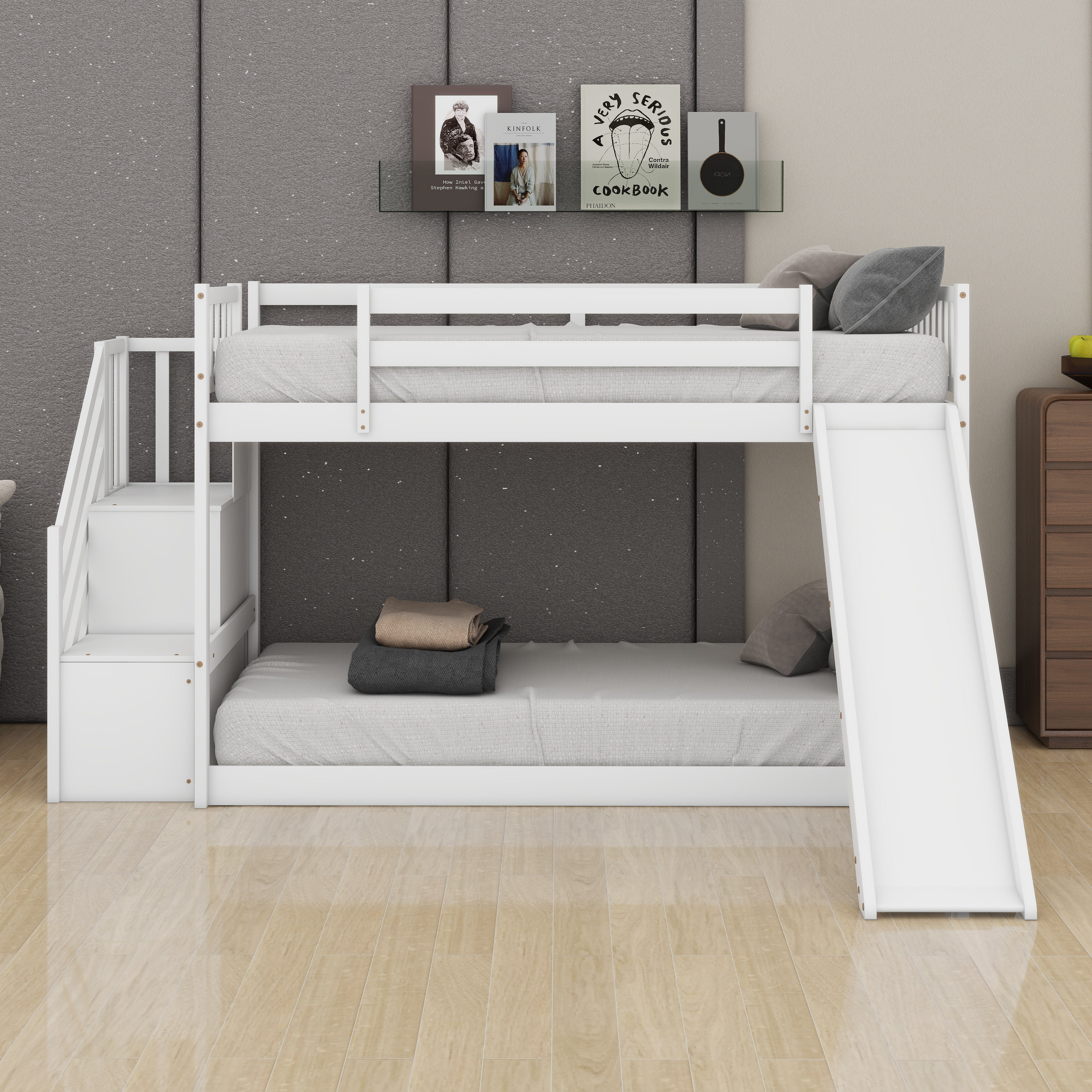 Harriet Bee Twin Over Twin Bunk Bed, Solid Pine Wood Low Bunk Bed With ...