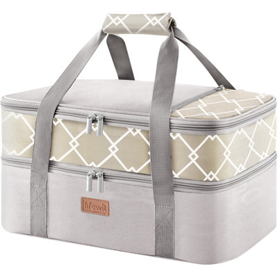Double Decker Insulated Casserole Carrier For Hot Or Cold Food, Casserole Dish Bag Carrying Case, Lasagna Lugger Holder For Potluck/parties/picnic/cookouts, Fits 9"x13" Baking Dish, Grey