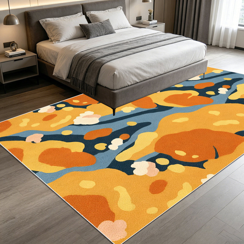 1PC Warm Terracotta Mustard Yellow Abstract Organic Wavy Pattern area rugs for Living Room, Soft and Comfortable, Suitable for all seasons, easy-to-maintain, machine washable Indoor floor mat, Under Table Farmhouse suitable for under dining table,