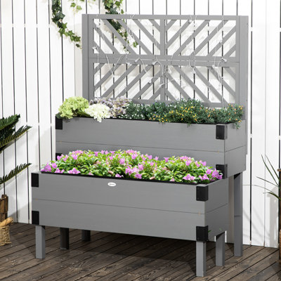 Lit de jardin surélevé gris avec treillis, 2 niveaux en bois - Idéal pour planter des légumes, des fleurs, un cadre renforcé d'herbes, un bon drainage pour 2 coins en métal animés et productifs, l'engorgement