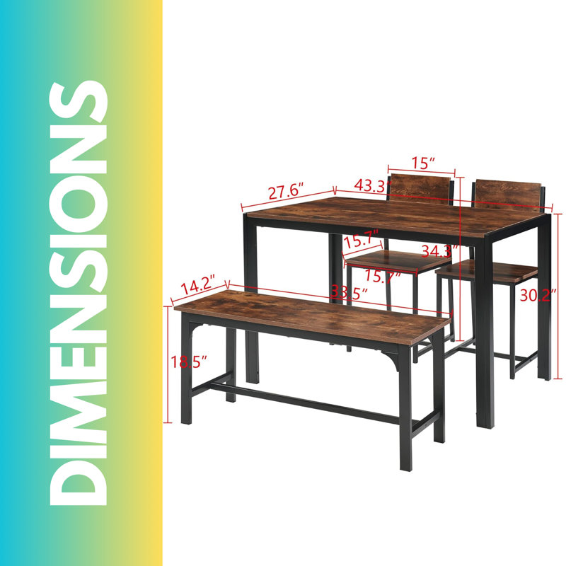 Nye Rustic Industrial 4 - Person Dining Set, Metal Frame, Kitchen Chair and Table, Rustic Brown
