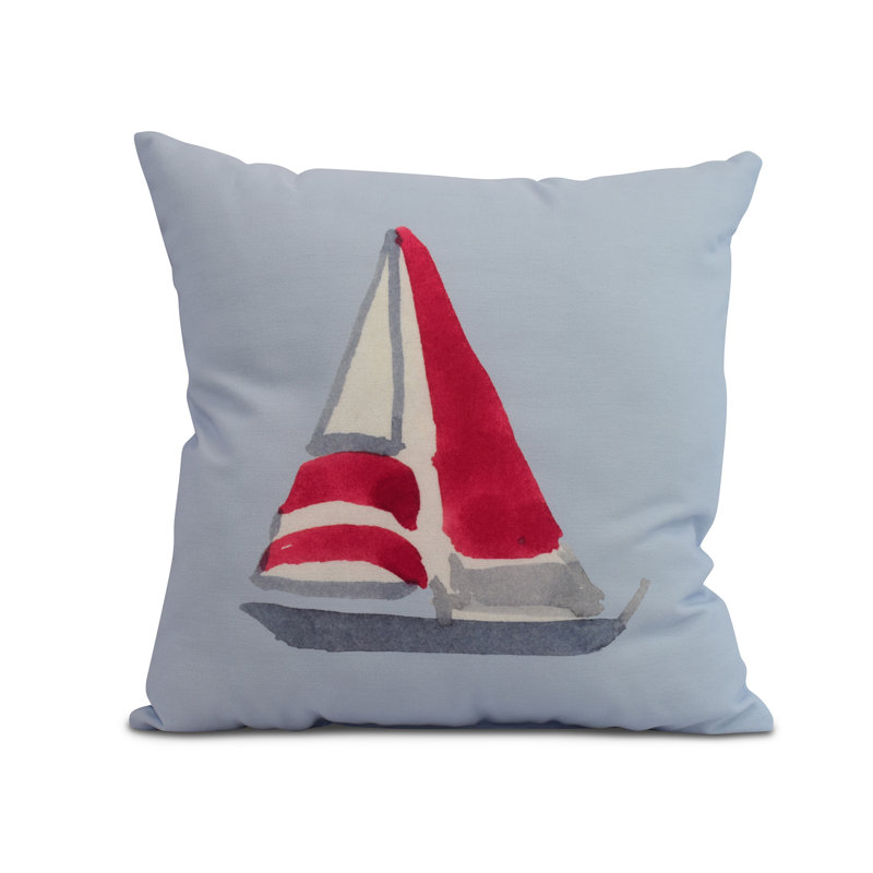 16" x 16" White and Red Polyester Nautical Outdoor Pillow