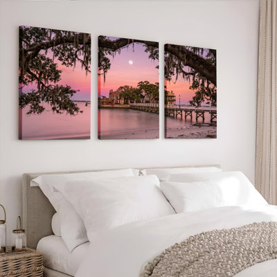 Sunset Dock Art Canvas Wrapped Wall Art Oil Painting Print Set Of 3 For Living Room Bedroom Home Decor