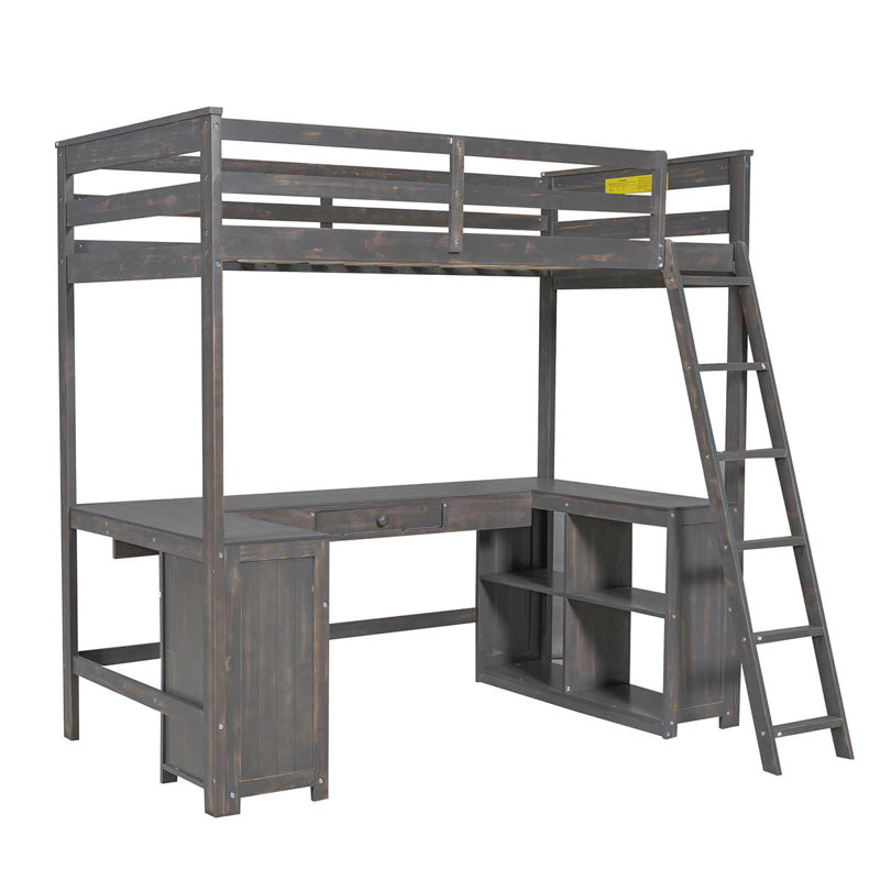 Lit mezzanine en bois avec bureau en U, tiroirs et tablettes de rangement, Lit simple