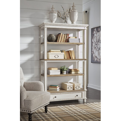 Edison Wooden Bookcase with 4 Tier Shelves and Bottom Drawer, Brown and White