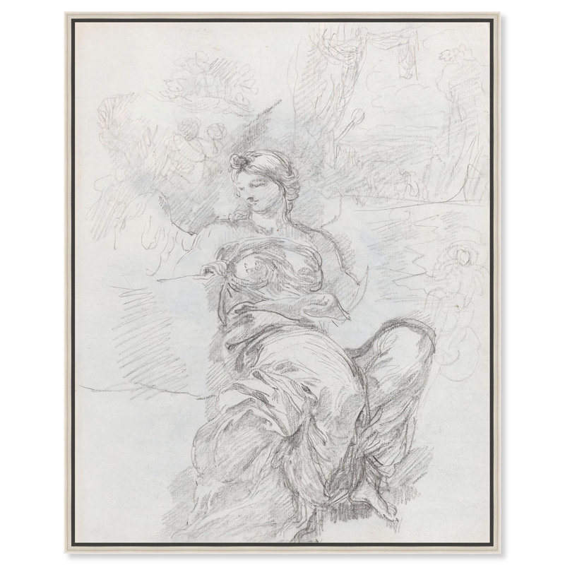 Ange assis, toile figurative rétro par Art Remedy, H 21 po x l 17 po, Encadrement argenté