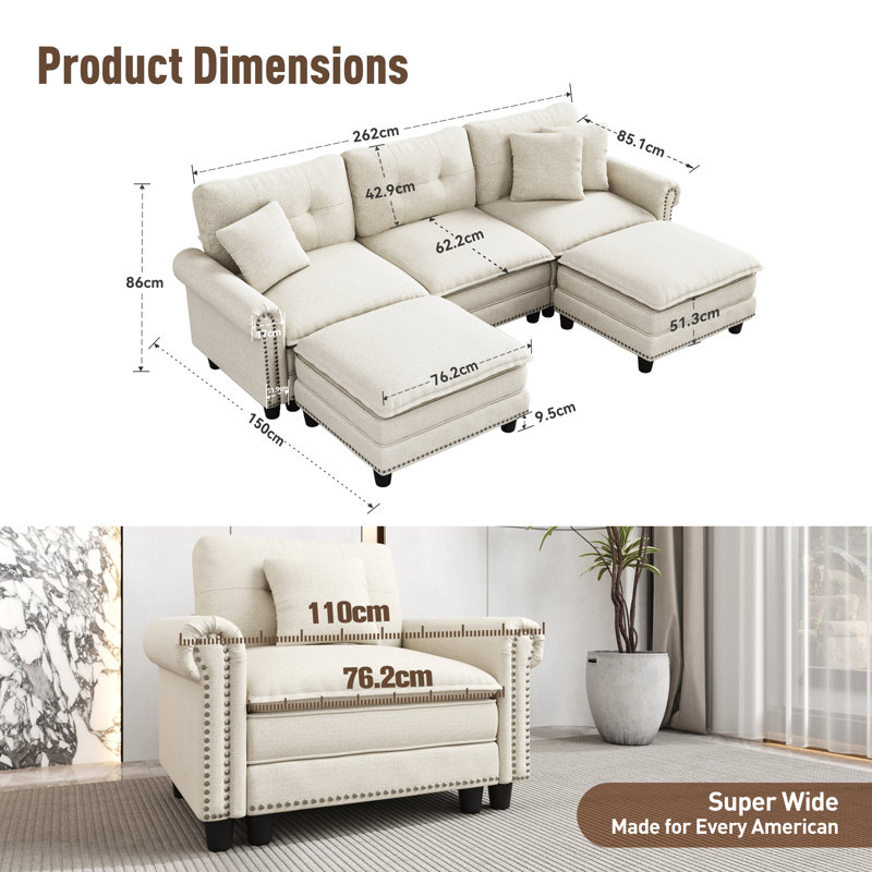 Sectional, 88cm H x 295cm W x 85cm D, Beige