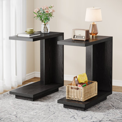 C-shaped Side Table Set  Of 2, 2-tier Narrow End Table Wood Bedside Table Nightstand