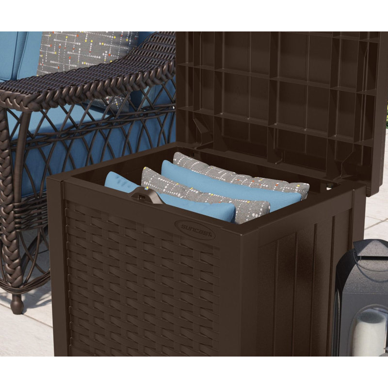 Suncast Wicker 22 Gallon Water Resistant Resin Deck Box in Java
