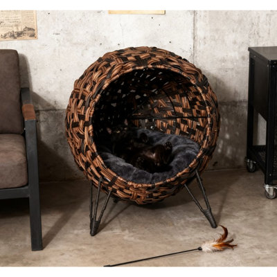 Elevated Hand-woven Cat House With Cushion, Banana Leaf Bed For Cats Under 11 Pounds, Brown Color And Metal Support