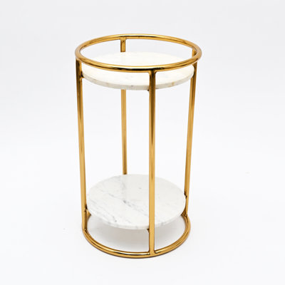 White Marble Side Table with 2-Tier Gold Frame | 16X16X24"