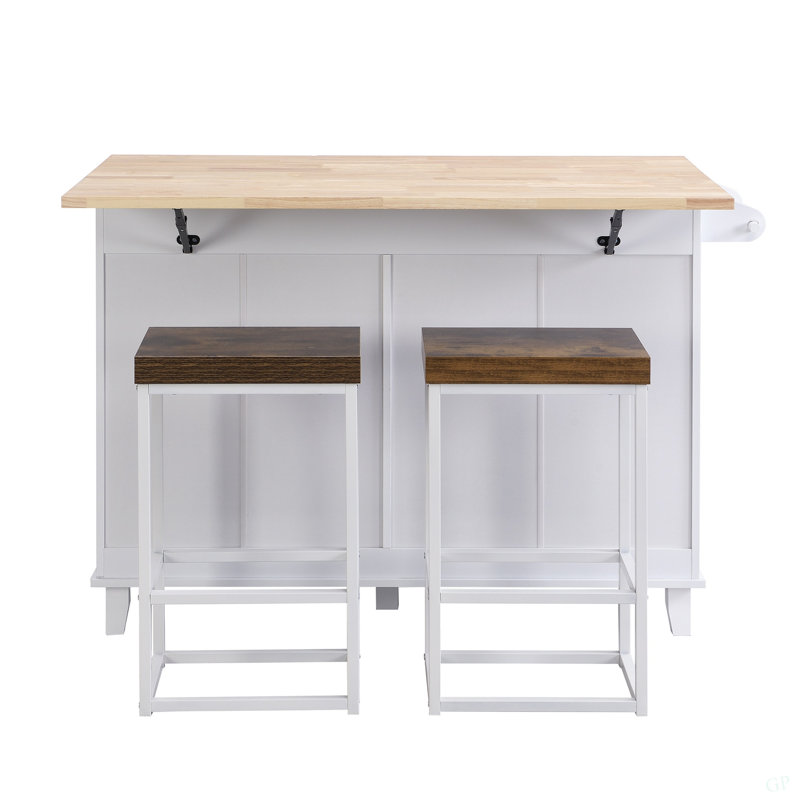 Farmhouse Kitchen Island Set With Drop Leaf And 2 Seatings,Dining Table Set With Storage Cabinet, Drawers And Towel Rack