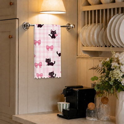 Microfiber Kitchen Towels, Absorbent Reusable Dish Cloths, Fade Resistant Decorative,16"x24",Pink bow cat print
