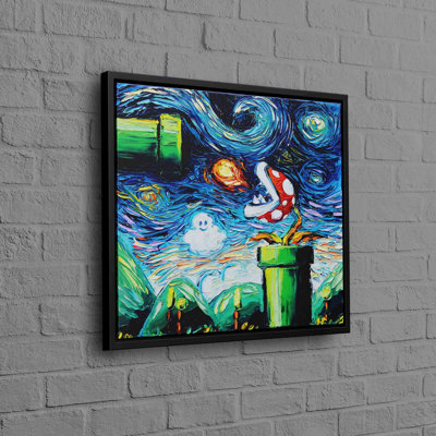 Super Mario Themed Abstract Art on Cotton Canvas Featuring Starry Night Scene with Modern Twist