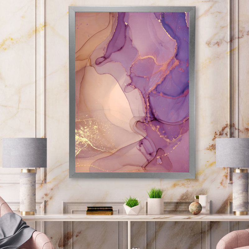 Nuage d'encre de marbre mauve et jaune - peinture sur toile, H 44 po x l 34 po x P 1,5 po, Cadre photo argenté