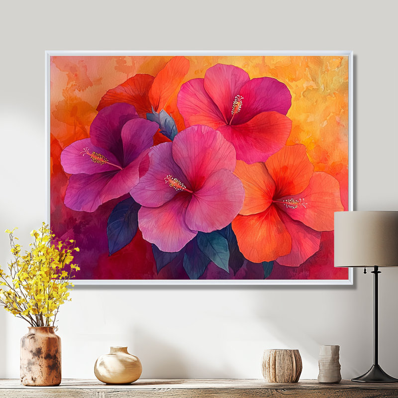 Hibiscus Vivid Hues, harmonie liquide I - Hibiscus, H 24 po x l 32 po, Impression encadrée flottante, Blanc