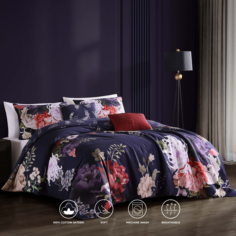 Bebejan Deep Purple Garden 100% Cotton Sateen 5 Piece Reversible Comforter Set, Queen Comforter + 2 Shams + 2 Throw Pillows