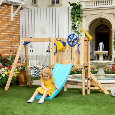 Cour arrière en bois pour balançoire, toboggan et fort de 18 à 48 mois, balançoire de conception compacte, conception de fort, imagination Spark
