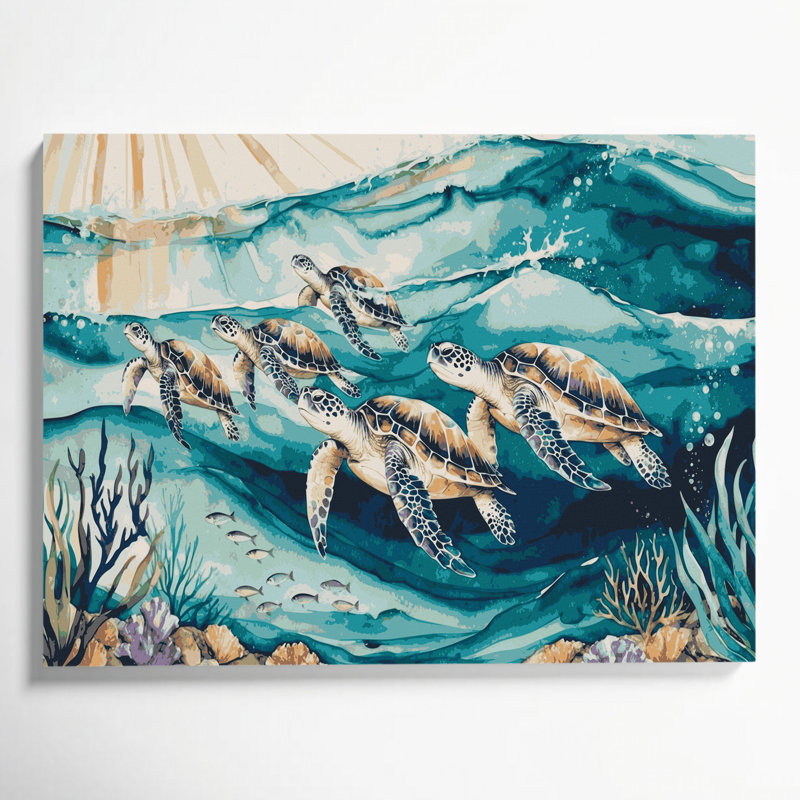 Art mural sur toile beige, "Coastal Sea Turtle", H 12 po x l 18 po