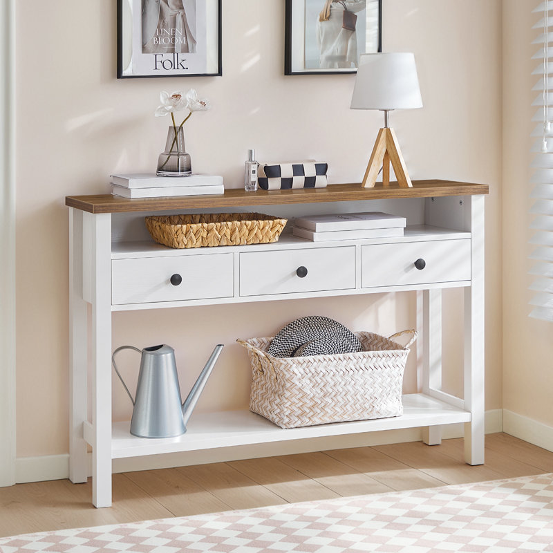 Console 45,3 po avec 3 tiroirs et tablette de rangement, Blanc, H 31,5 po x l 45,3 po x P 11,8 po, 3