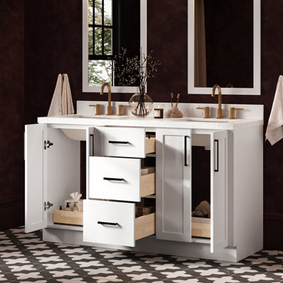 60 Inch Double Rectangle Sink Bathroom Vanity with Carrara White Quartz Countertop 1.5 Inch in White