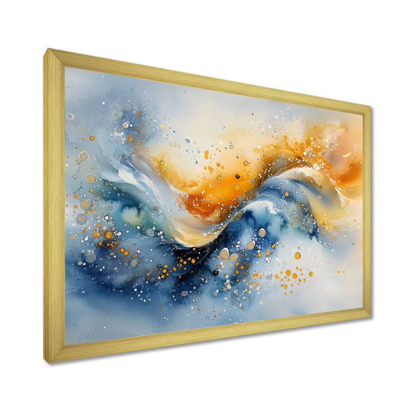 «Blue Yellow Dream Lines IV - Abstract Collages», reproduction sur toile, H 24 po x l 32 po, Avec cadre, Doré