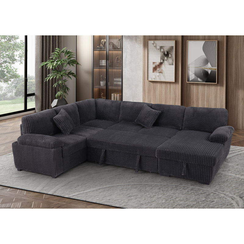 L-Shaped Sectional Sofa Bed Pull Out Sleeper Couch With Storage Chaise, Dark Gray Chenille