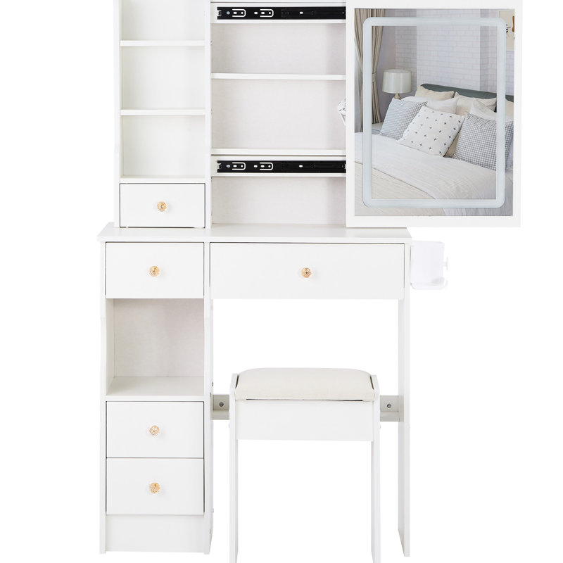29.2" Desktop Dressing With Left Drawer, Cushioned Stool, 2 Ac+2 Charging Ports, Hair Dryer Stand, Extra Large Touch - Sensitive Led Mirror Tri Color Selection And Brightness Regulation, For Little