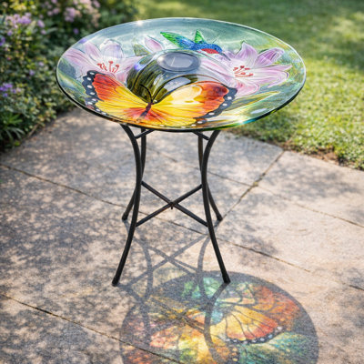 Bain pour oiseaux extérieur, bain d'oiseaux solaire, motif papillon, avec support en métal, attire les oiseaux, pour le jardin, les pelouses, le patio