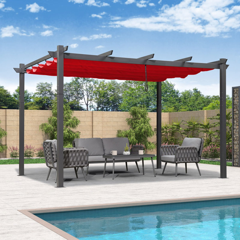 Pergola en aluminium avec auvent, Rouge, H 8 pi x l 13 pi x P 11 pi