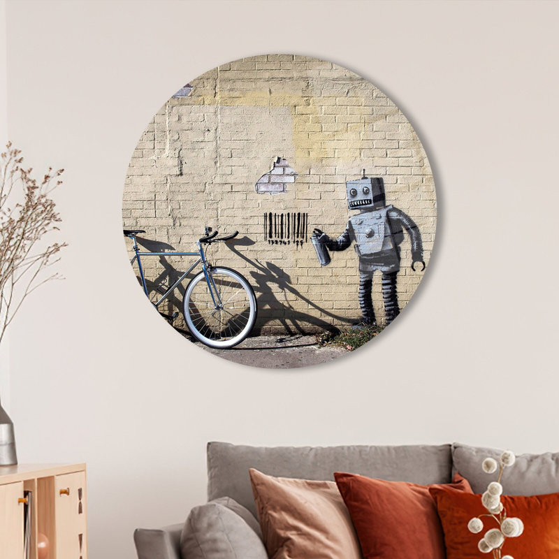 Abstrait art graffiti robot imprimé sur verre pour décoration intérieure contemporaine, H 39,4 po x l 39,4 po