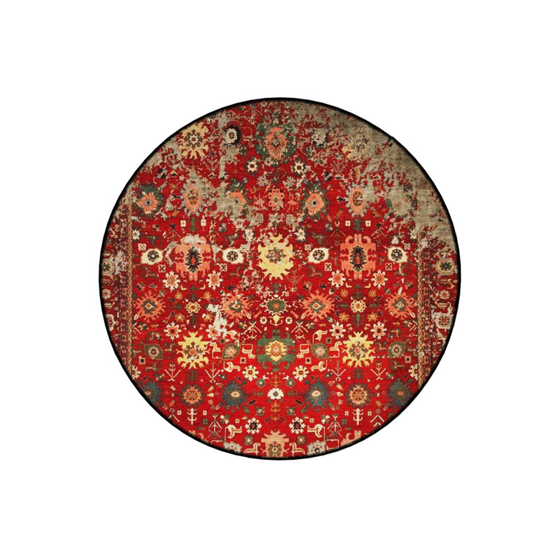 Red Themed Ethnic Motif Traditional Patterned Round Woven Base Vintage Decorative Carpet, Round 4'
