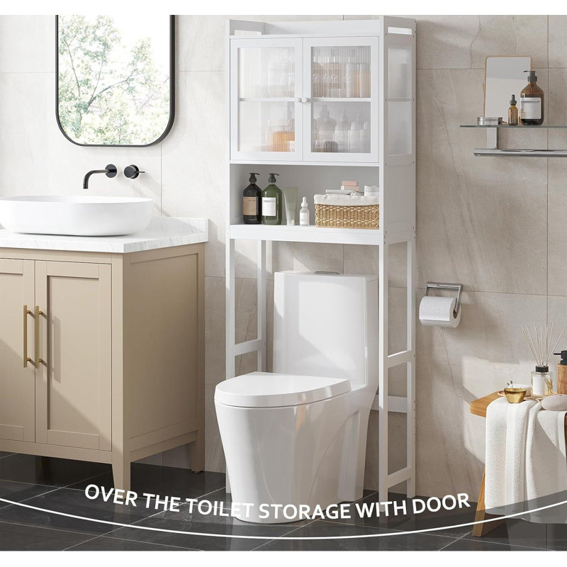 White Adjustable Over-the-Toilet Storage Rack with Acrylic Doors