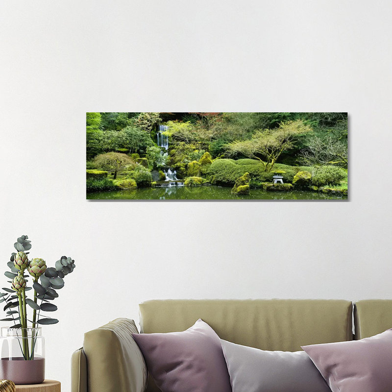 Waterfall In A Garden, Japanese Garden, Washington Park, Portland, Oregon, USA - Wrapped Canvas Panoramic Print