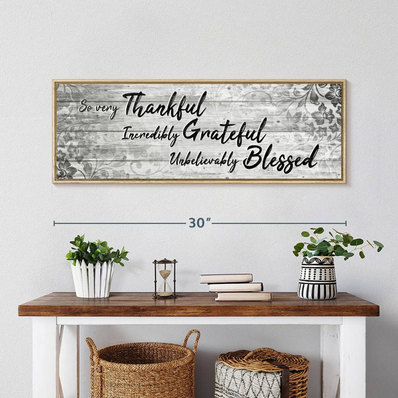 Plaque murale «Thankful Grateful Blessed IV», Cadre flottant en bois naturel, 31 po x 11 po