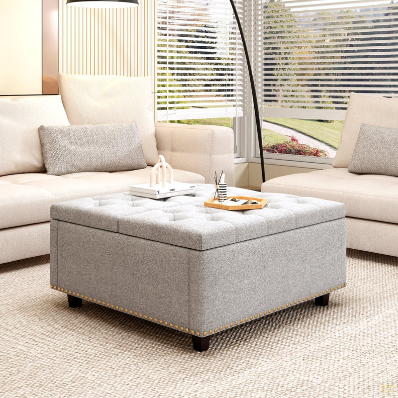 Grand banc de rangement carré, repose-pieds avec deux portes de rangement, table basse de style Mid-Century moderne, incrustation de têtes de clou