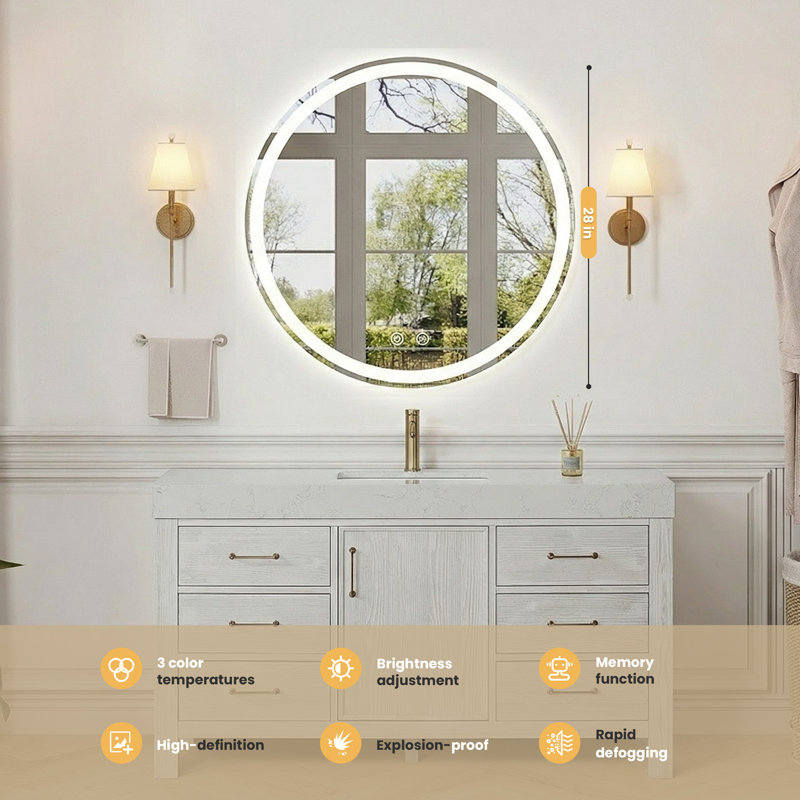 Wall-Mounted Round LED Anti-Fog Bathroom Mirror, Adjustable Brightness and Color Temperature Vanity Mirror, 28" x 28"