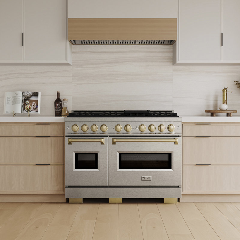 ZLINE Autograph 48 in. Classic Gas Range with 8 Burner DuoPro Cooktop w/ Champagne Bronze Accents, Satin Stainless Steel