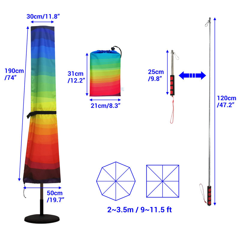 Outside Parasol Cover, 420D Oxford Patio Umbrella Covers Waterproof with Telescopic Rod-Market Parasol Cover, Garden Outdoor Umbrella, (Rainbow)