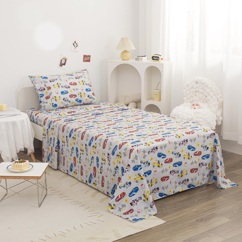 Ensemble de literie pour enfants Viviland, ensemble de draps pour lit simple 3 pièces, drap-housse en microfibre avec poche profonde de 15 pouces et sangles de coin, ensembles de draps et taies d'oreiller de voiture de course gris doux respirant et soyeux