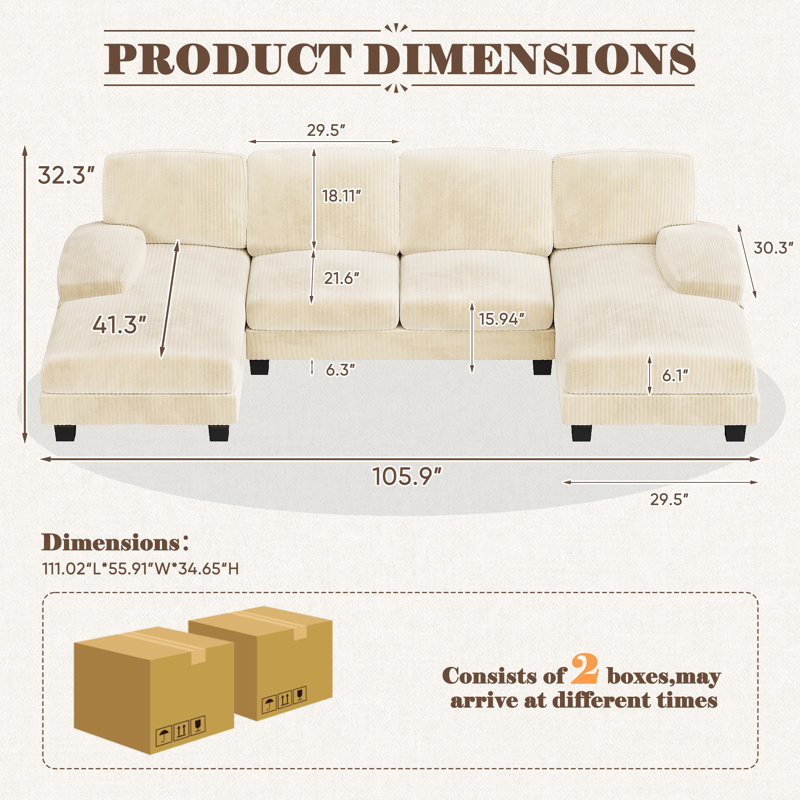 6 Seat U-Shaped Sectional Sofa, 105" Wide Modern Soft Sofa Couch with Double Chaises